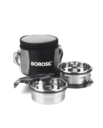 Borosil Stainless Steel Lunch box with Carry Bag Set of 2- Silver- (400ml*2)